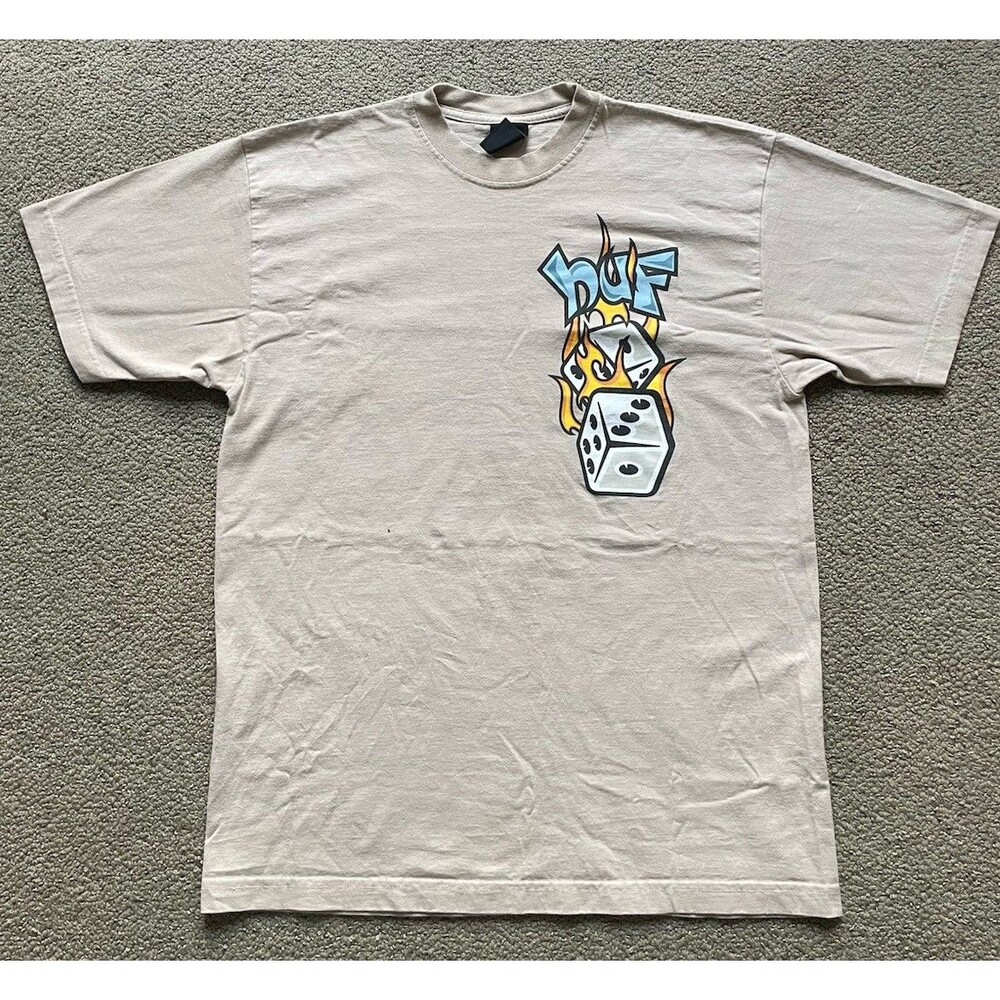 HUF Tee Shirt Mens L Beige Flaming Dice Graphic Skate Tee Y2K